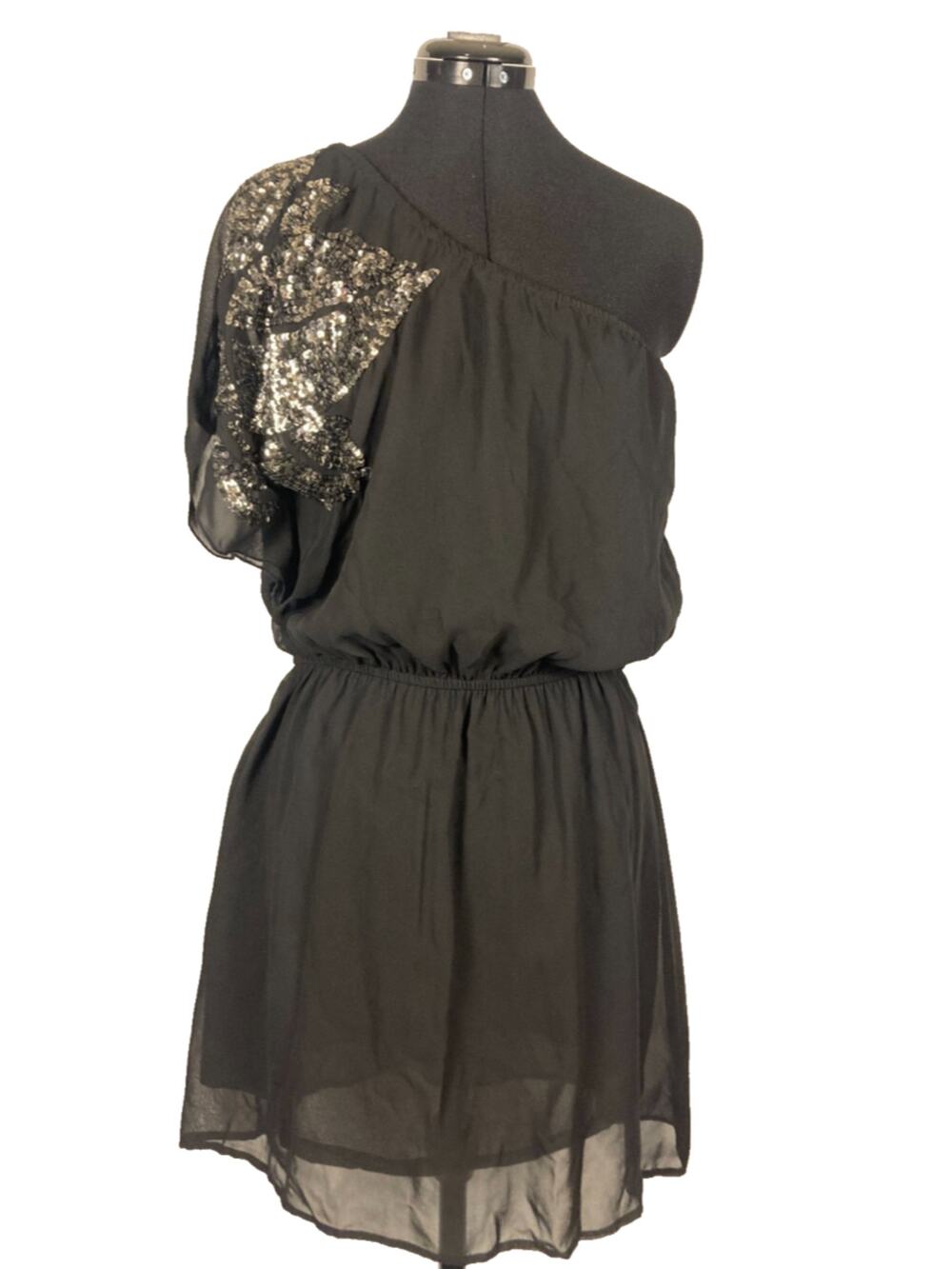 10 12 L Dizzy Love Chiffon Short Blouson Sequin One Sleeve Party Dress Black